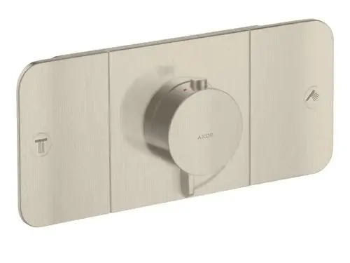 Thermostatmodul von AXOR für die Unterputzmontage, ausgestattet mit einem Drehregler für die Temperatureinstellung und zwei Symbolen für Wasserverbraucher.